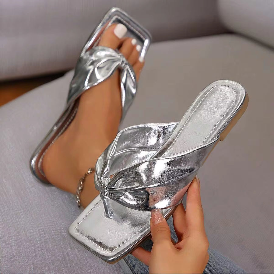 Chic Ruched Strap Sandals For Women - Perfect For Summers & Beaches - Square Toe, Slip-On Style With Clip Toe Thongs And Flat Flip Flop Design.