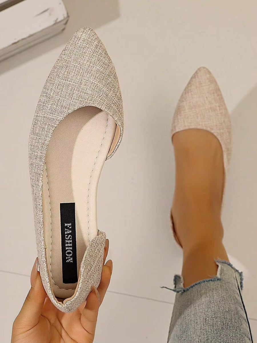 Breezelady Women Beige Linen Pointed Toe D'Orsay Flats Soft Cushioned Insole Slip On Shoes For Office Wedding Bridal Daily Dressy Casual Wear
