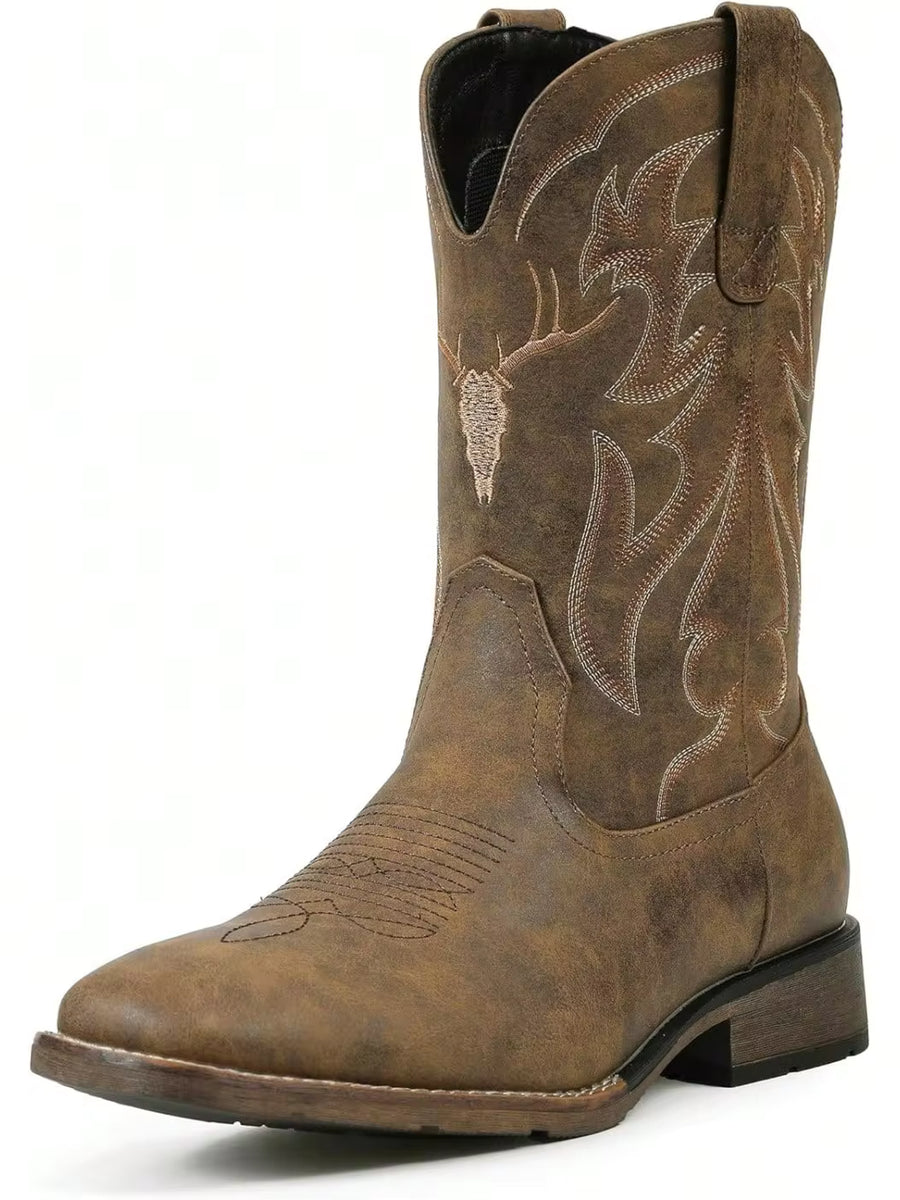 Cowboy Boots For Men Square Toe Western Boots Slip Resistant Country Boot Retro Classic Embroidered Pull On Boot For Festivals And Gift-Giving