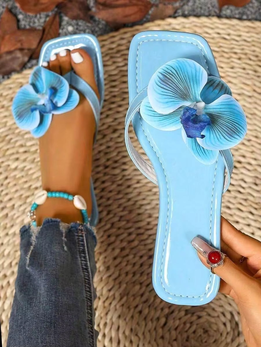 Breezelady New 2025&2026 Large Size European Style Summer Open Toe Faux Flower Decor Flat Slide Sandals For Women