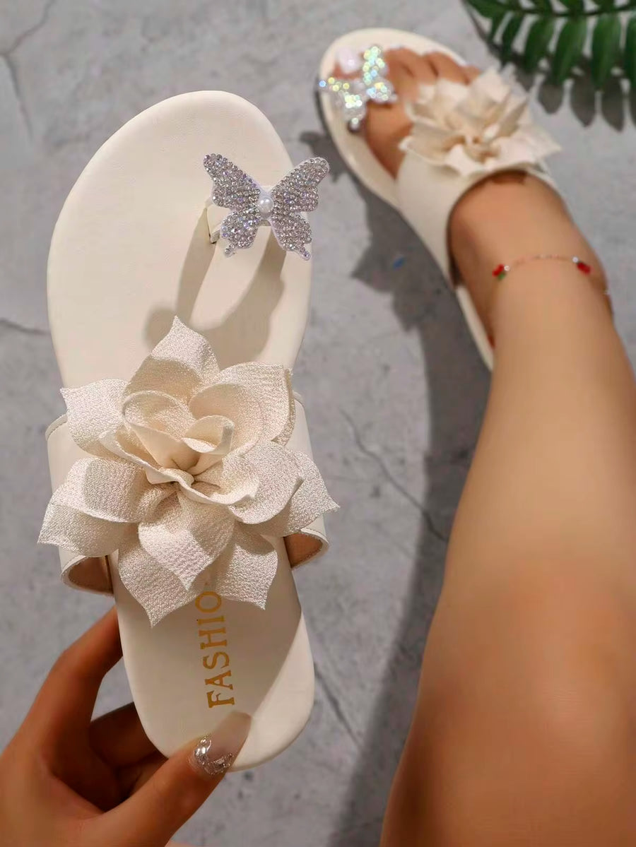 Elegant Women's Floral Rhinestone Sandals, Gentle Vacation Style, Fashionable & Versatile, Suitable For Travel And Beach Wear